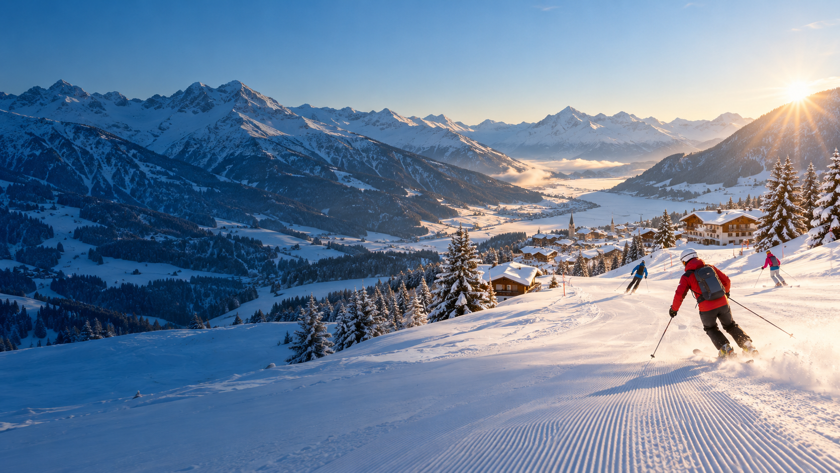 Beleuchteter Wintersportort in den Alpen